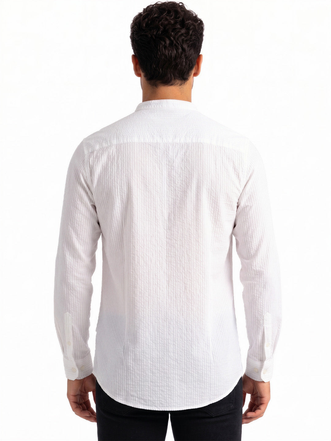 White Textured Band Collar Shirt