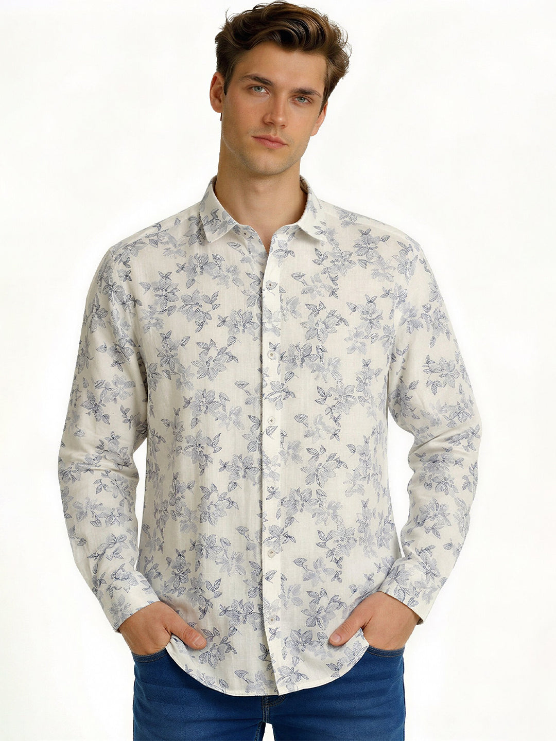 Blue Floral Print Shirt with Subtle Elegance