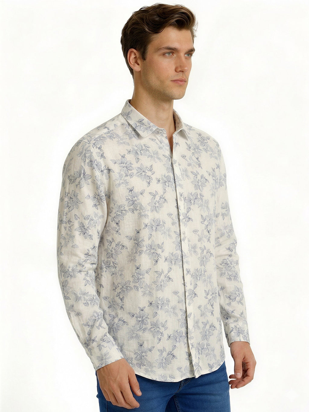 Blue Floral Print Shirt with Subtle Elegance