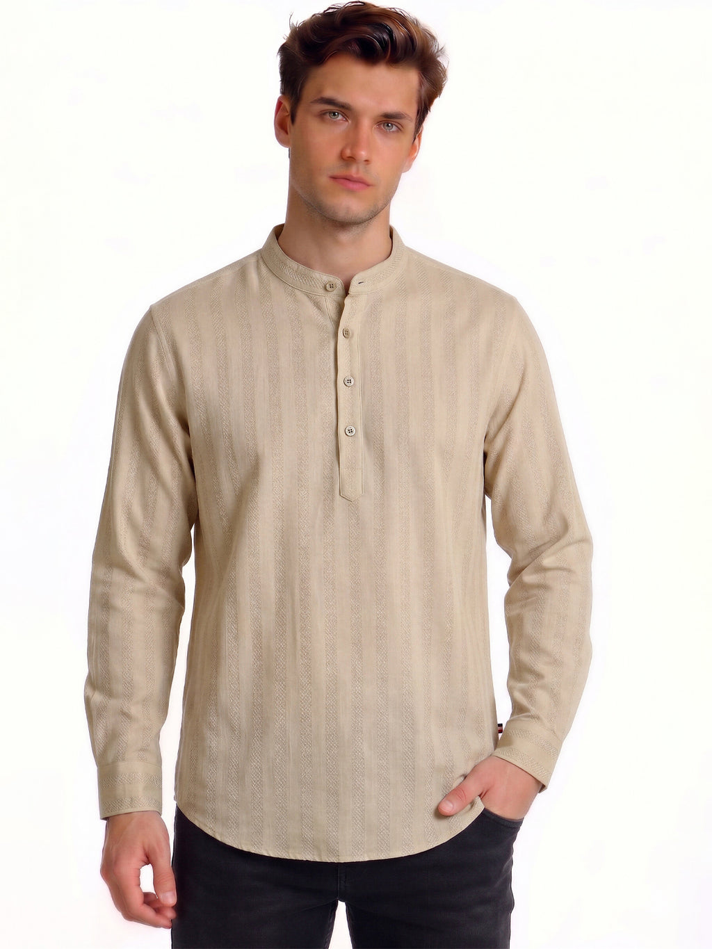 Beige Minimal Textured Mandarin Collar Shirt