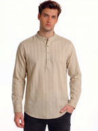 Beige Minimal Textured Mandarin Collar Shirt