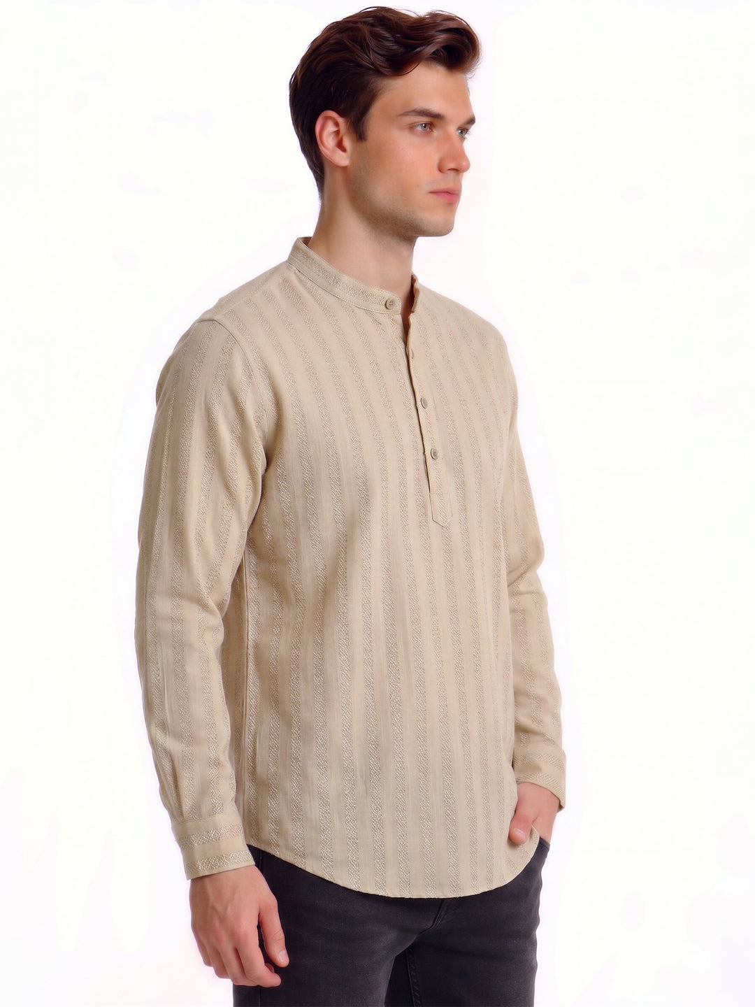 Beige Minimal Textured Mandarin Collar Shirt