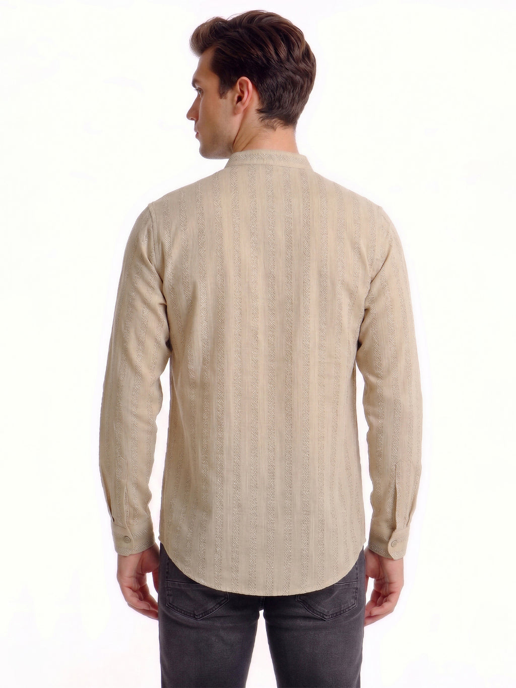 Beige Minimal Textured Mandarin Collar Shirt