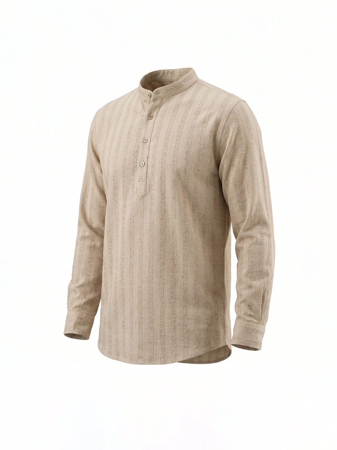 Beige Minimal Textured Mandarin Collar Shirt