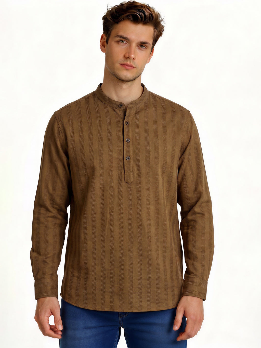 Brown Minimal Textured Mandarin Collar Shirt