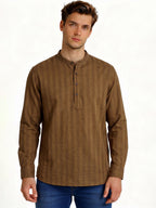 Brown Minimal Textured Mandarin Collar Shirt