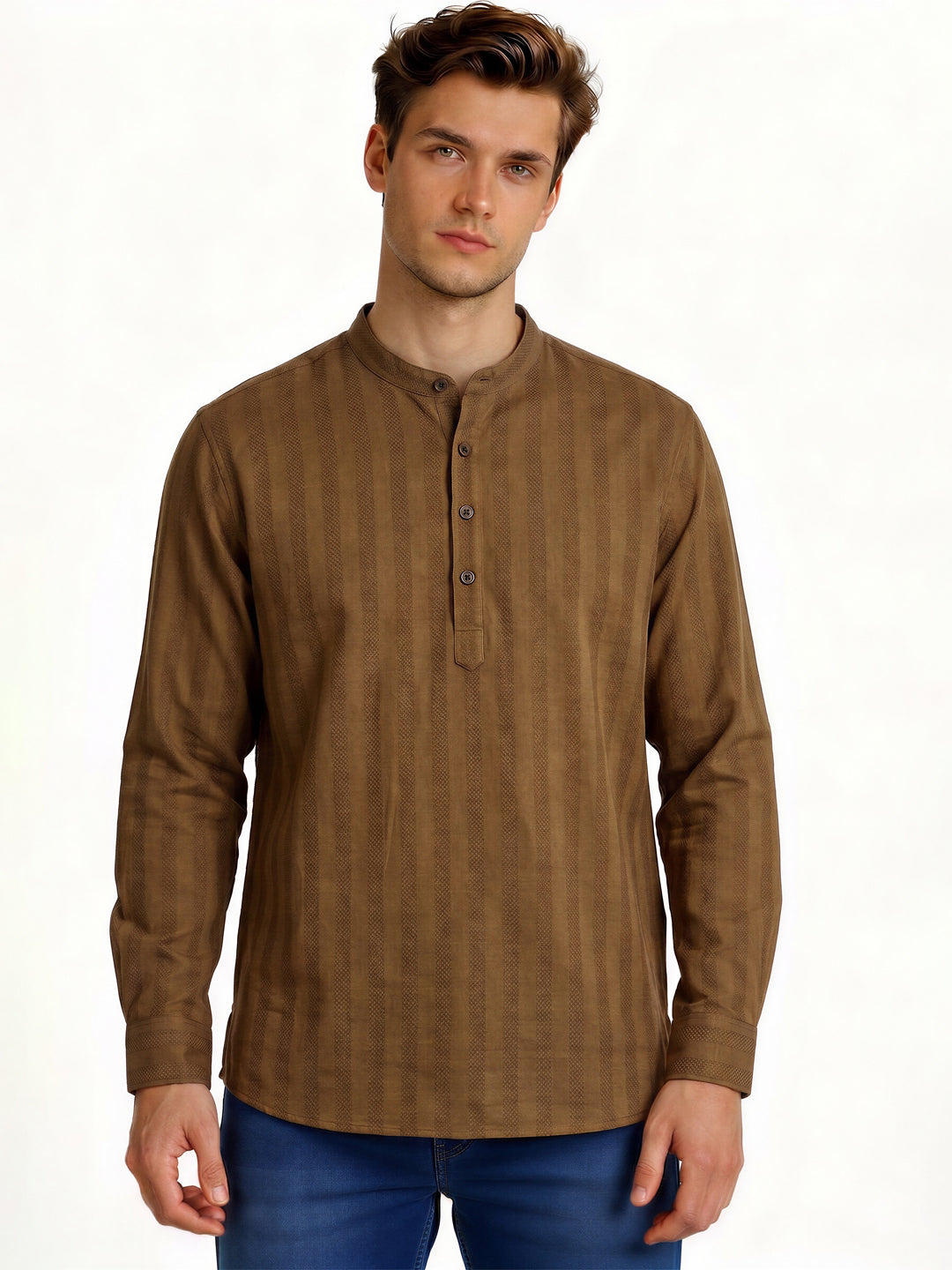 Brown Minimal Textured Mandarin Collar Shirt