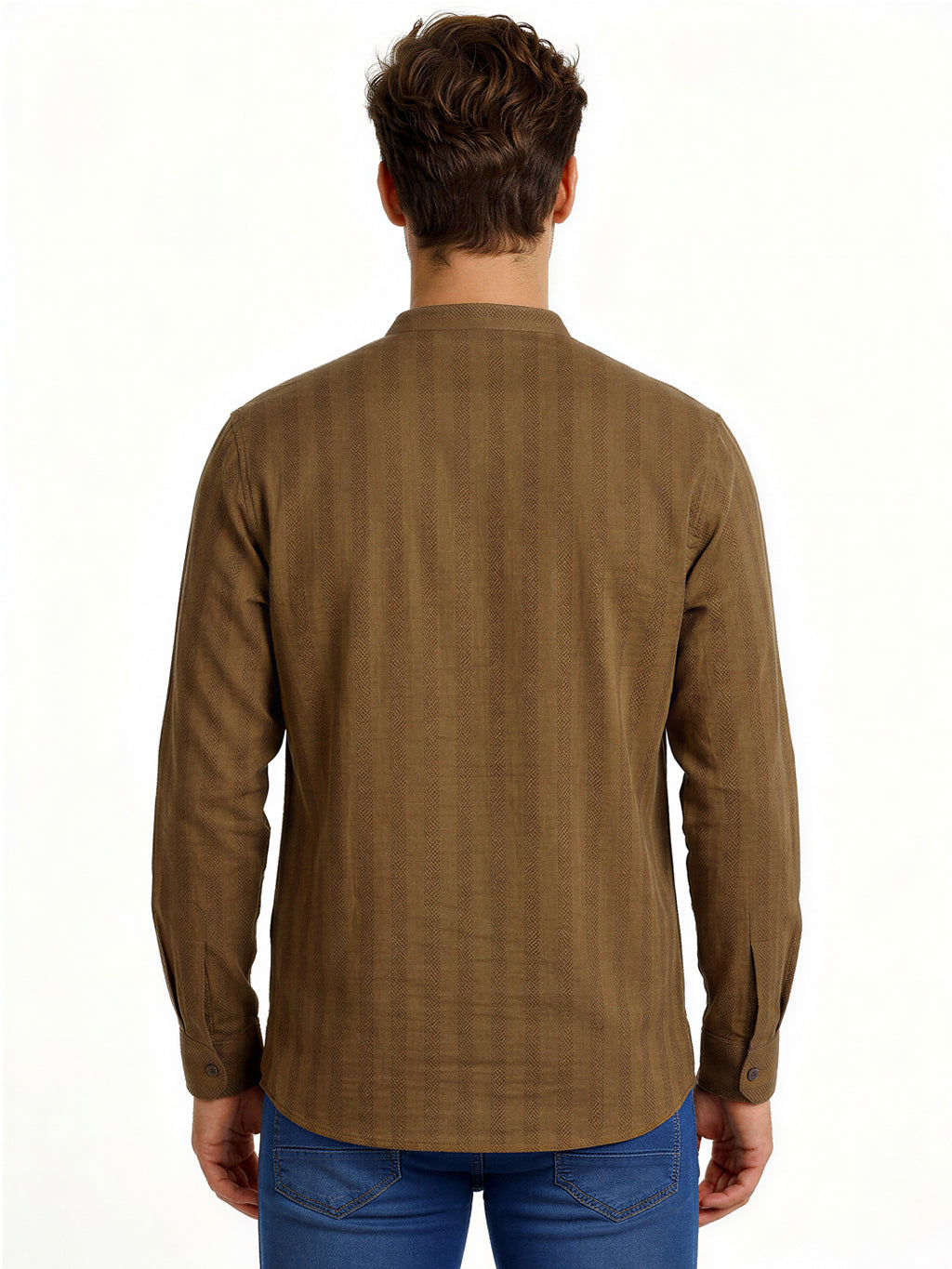 Brown Minimal Textured Mandarin Collar Shirt