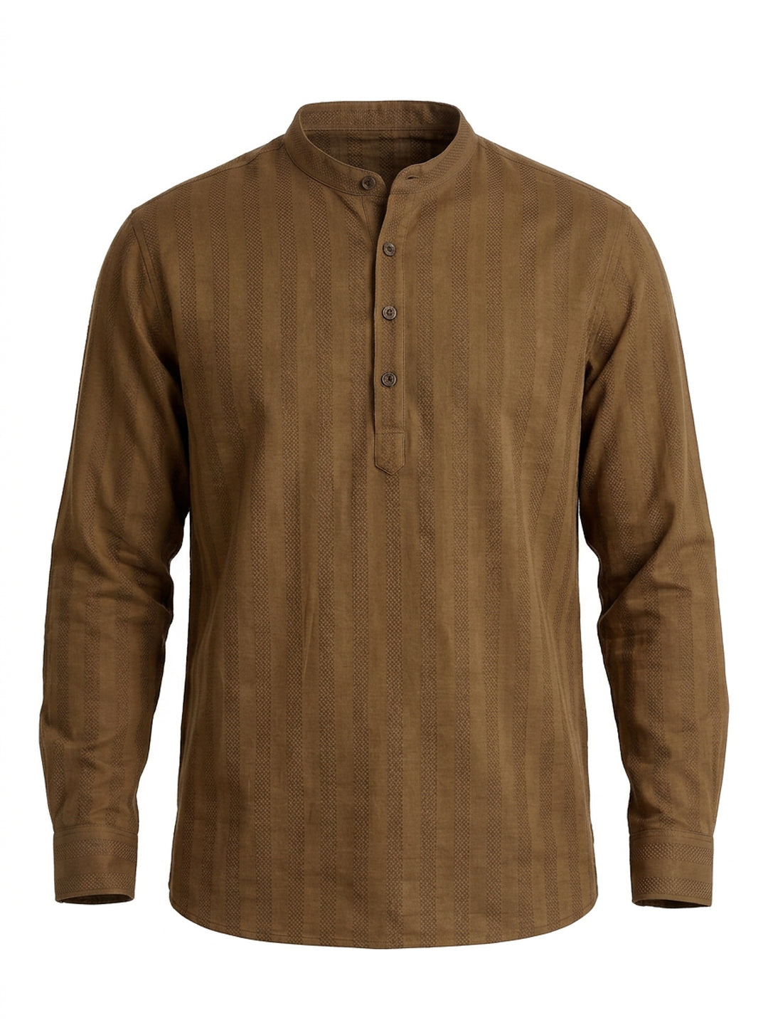 Brown Minimal Textured Mandarin Collar Shirt