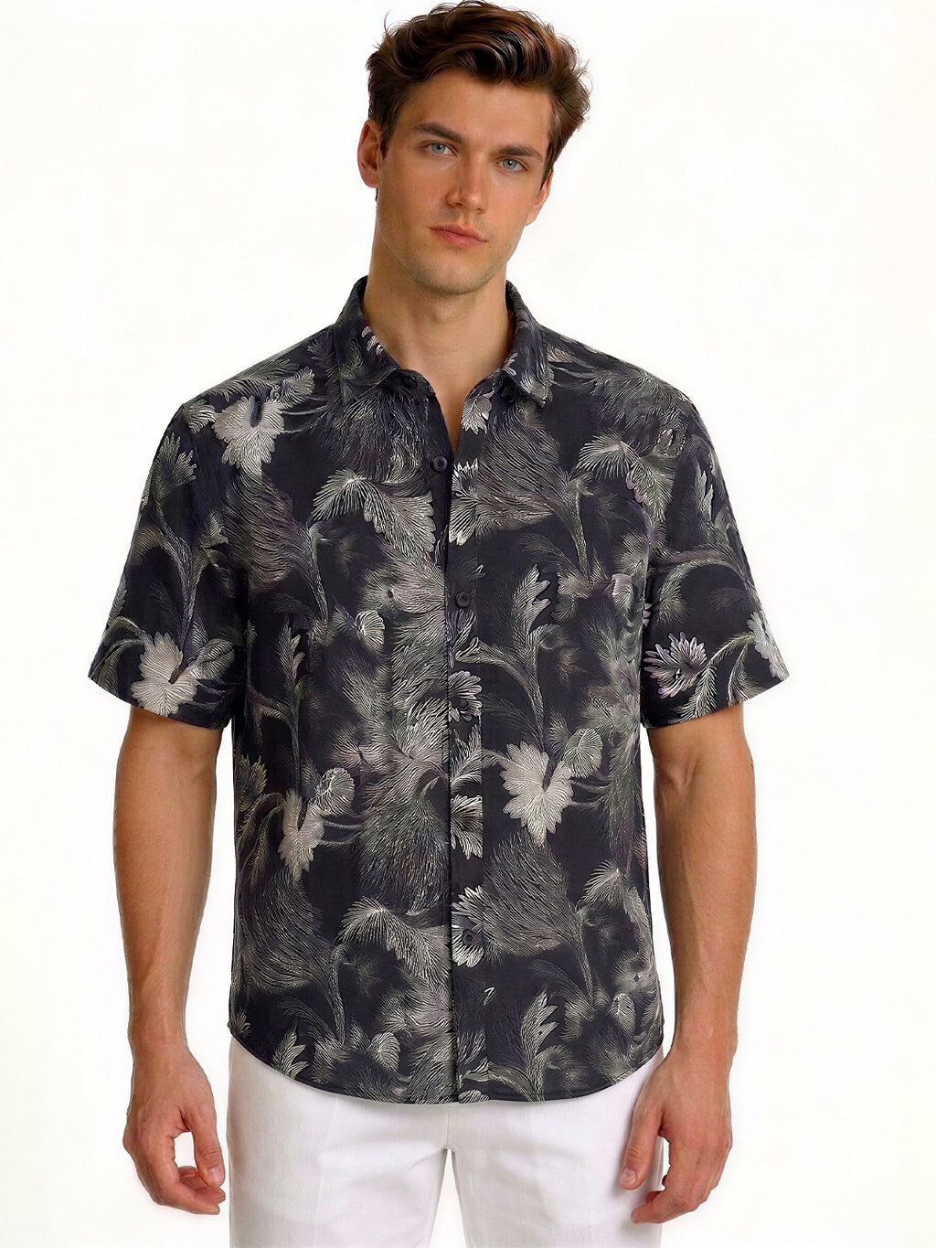 Black Tropical Monochrome Print Shirt
