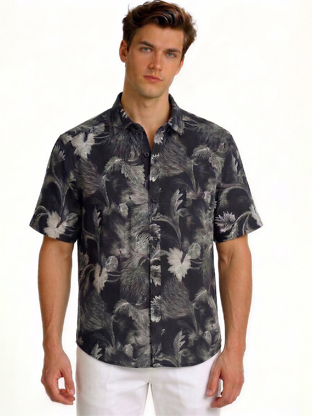 Black Tropical Monochrome Print Shirt