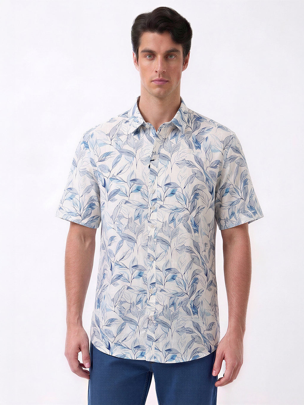 Blue Botanical Print Casual Shirt