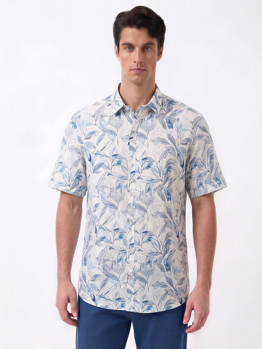 Blue Botanical Print Casual Shirt