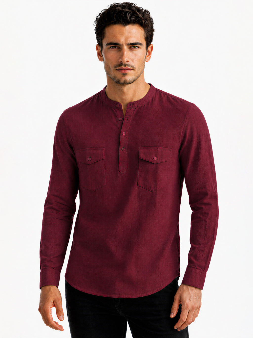 Maroon Mandarin Collar Utility Shirt