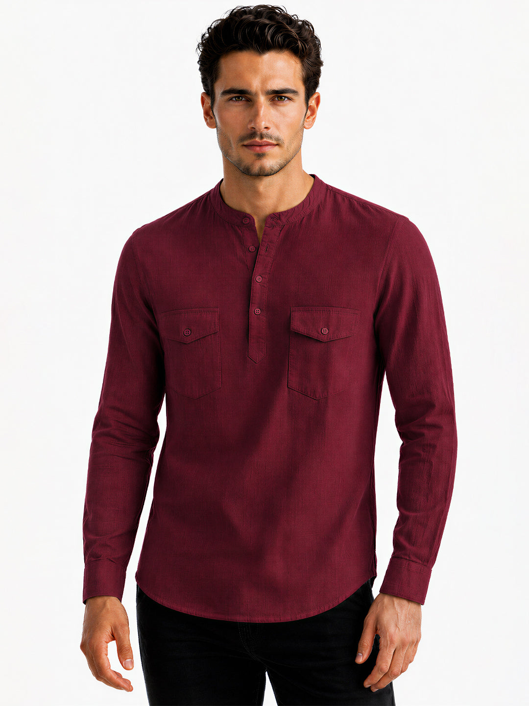 Maroon Mandarin Collar Utility Shirt