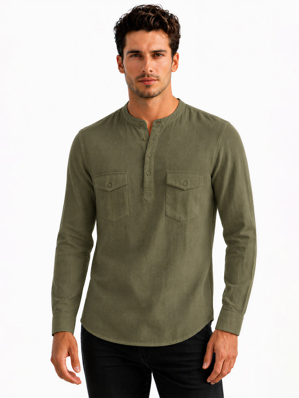 Olive Mandarin Collar Utility Shirt