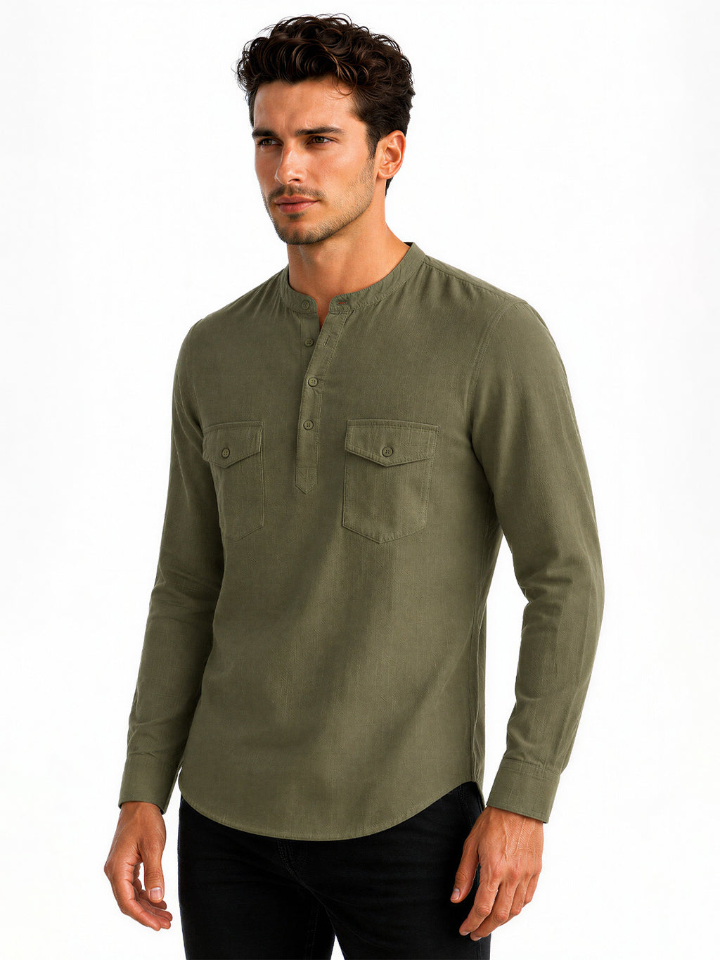 Olive Mandarin Collar Utility Shirt