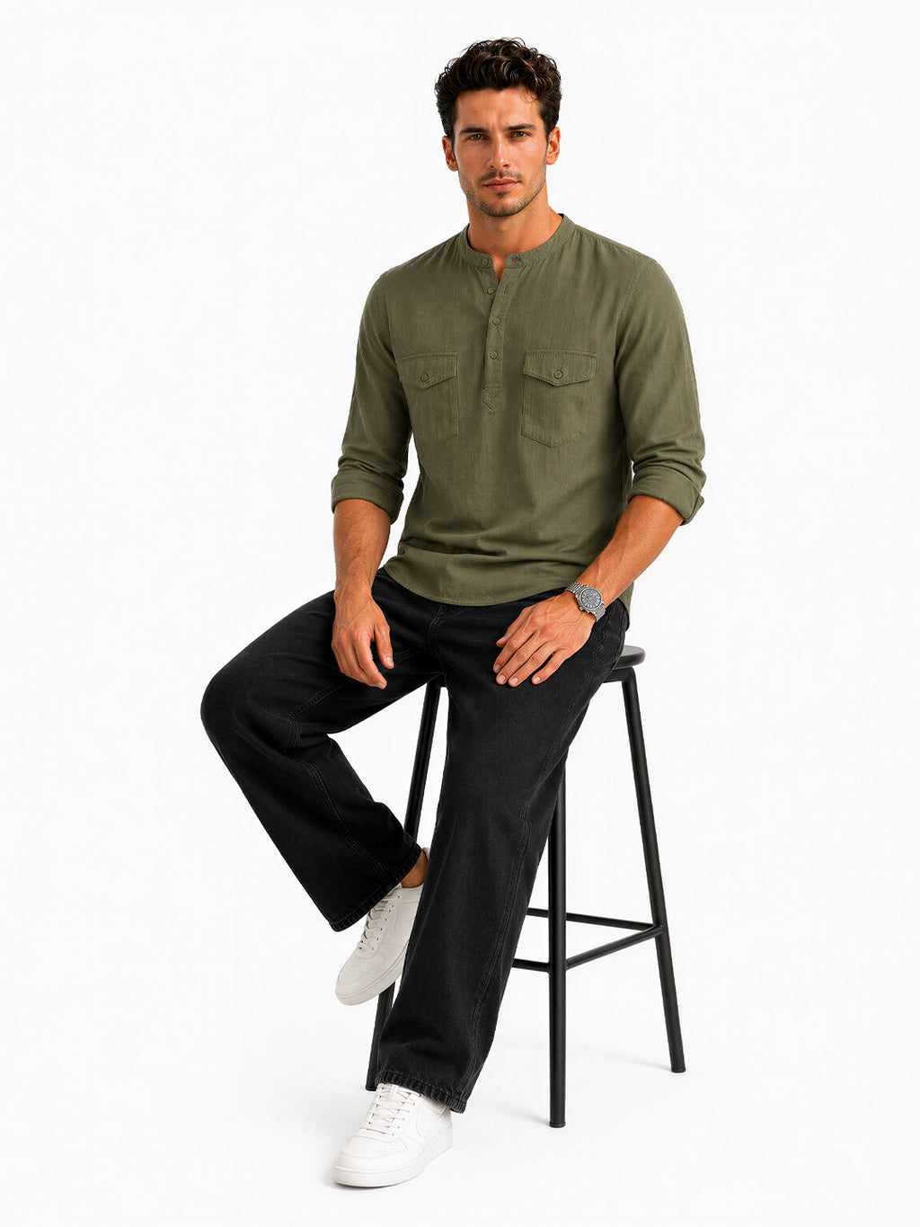 Olive Mandarin Collar Utility Shirt