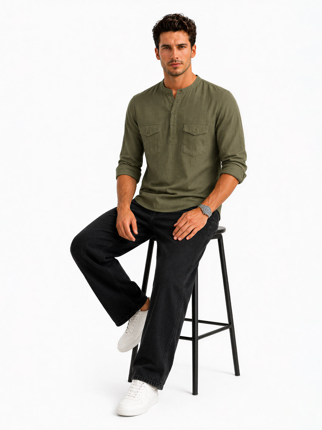 Olive Mandarin Collar Utility Shirt