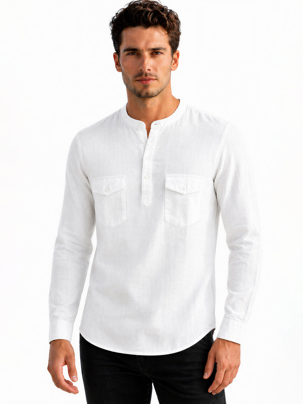 White Mandarin Collar Utility Shirt