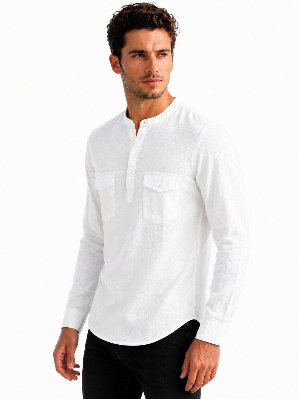 White Mandarin Collar Utility Shirt
