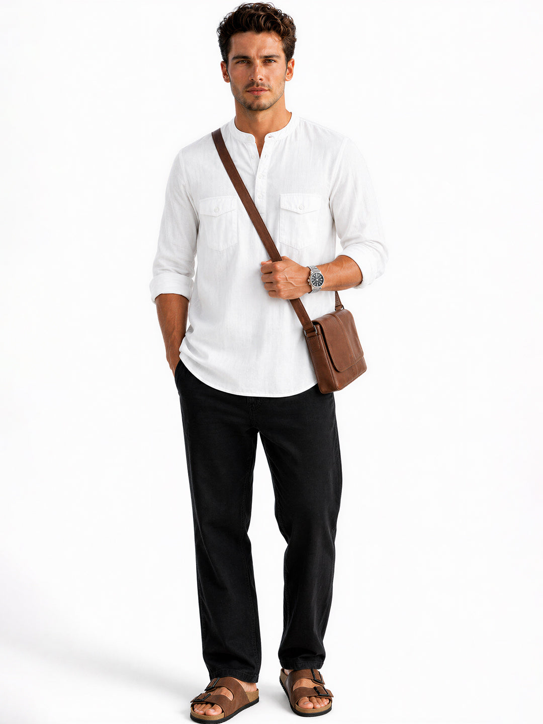 White Mandarin Collar Utility Shirt