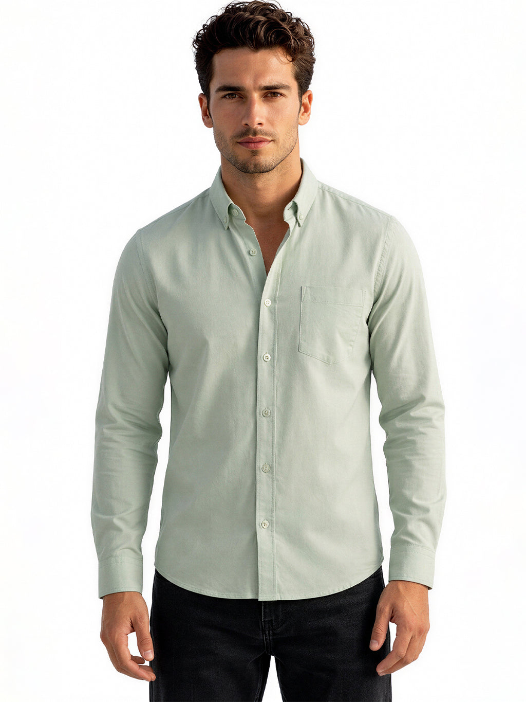 Solid Pea Green Button-Down Casual Shirt