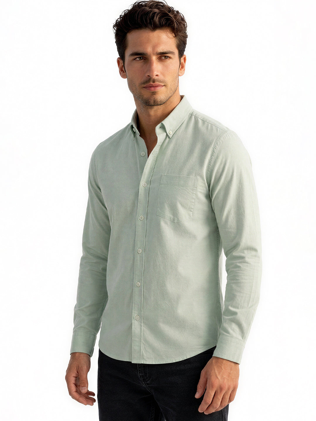 Solid Pea Green Button-Down Casual Shirt