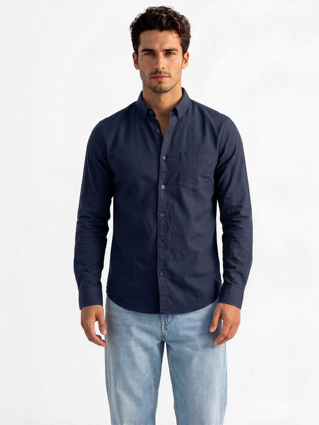 Solid Navy Button-Down Casual Shirt