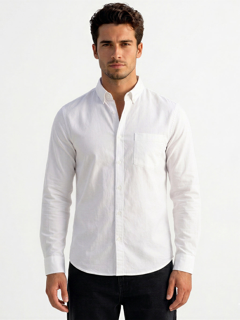 Solid White Button-Down Casual Shirt