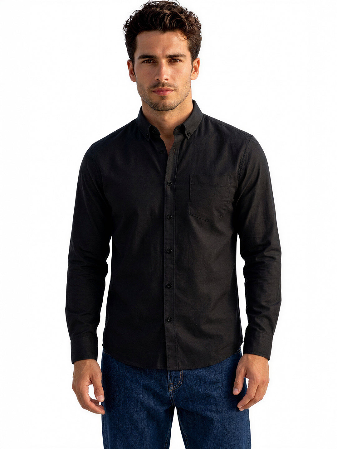 Solid Black Button-Down Casual Shirt