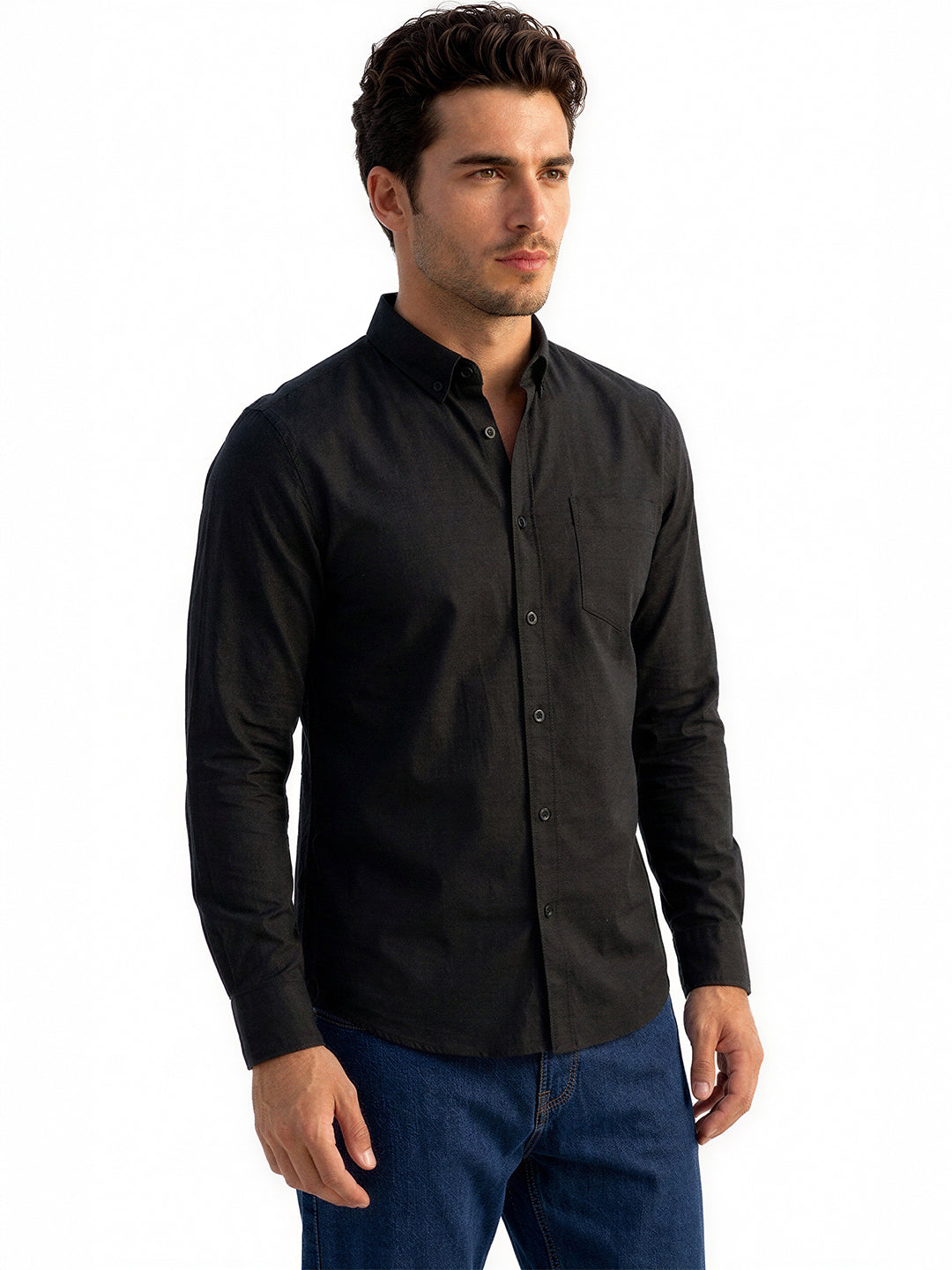 Solid Black Button-Down Casual Shirt