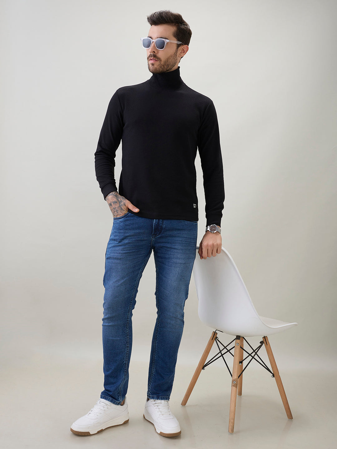 Men's Solid High Neck Full Sleeve Regular Fit T-Shirt