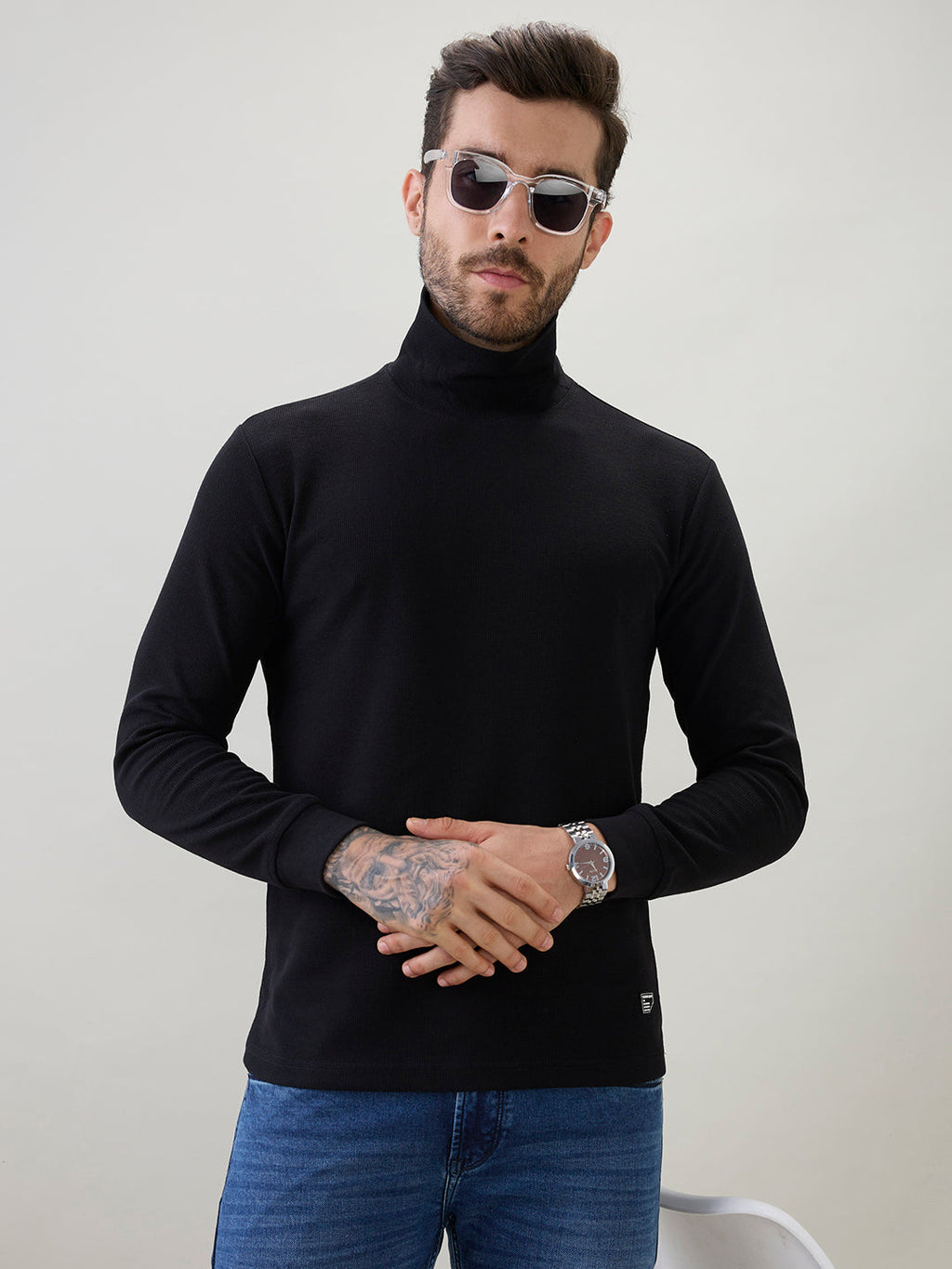 Men's Solid High Neck Full Sleeve Regular Fit T-Shirt