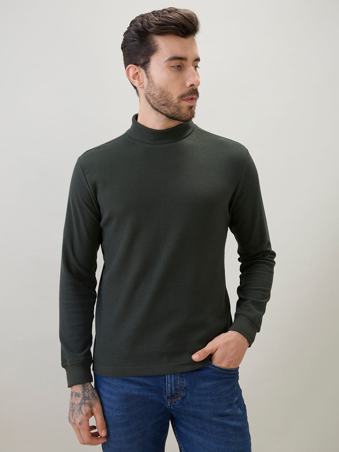 Men's Solid High Neck Full Sleeve Regular Fit T-Shirt