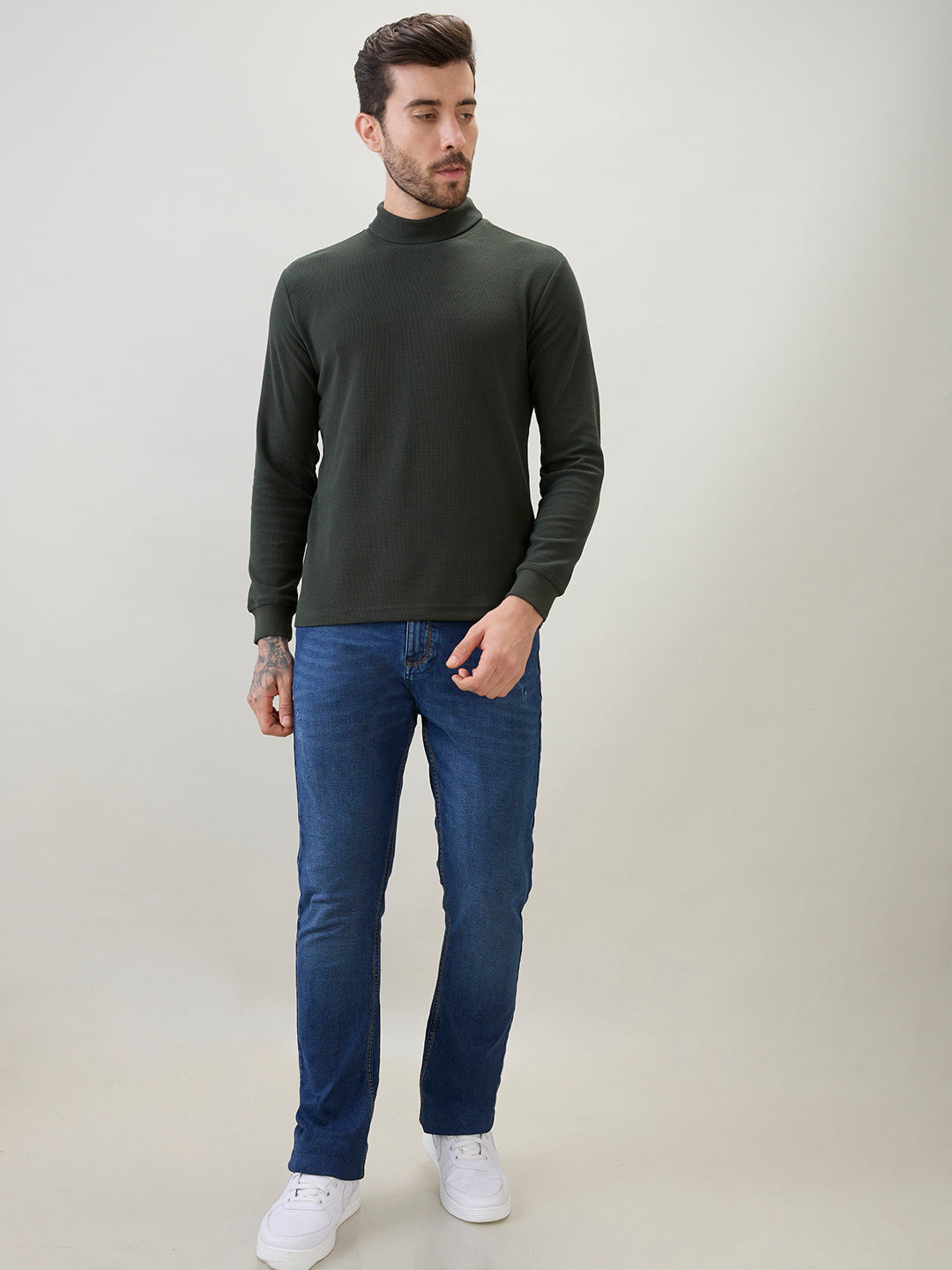Men's Solid High Neck Full Sleeve Regular Fit T-Shirt