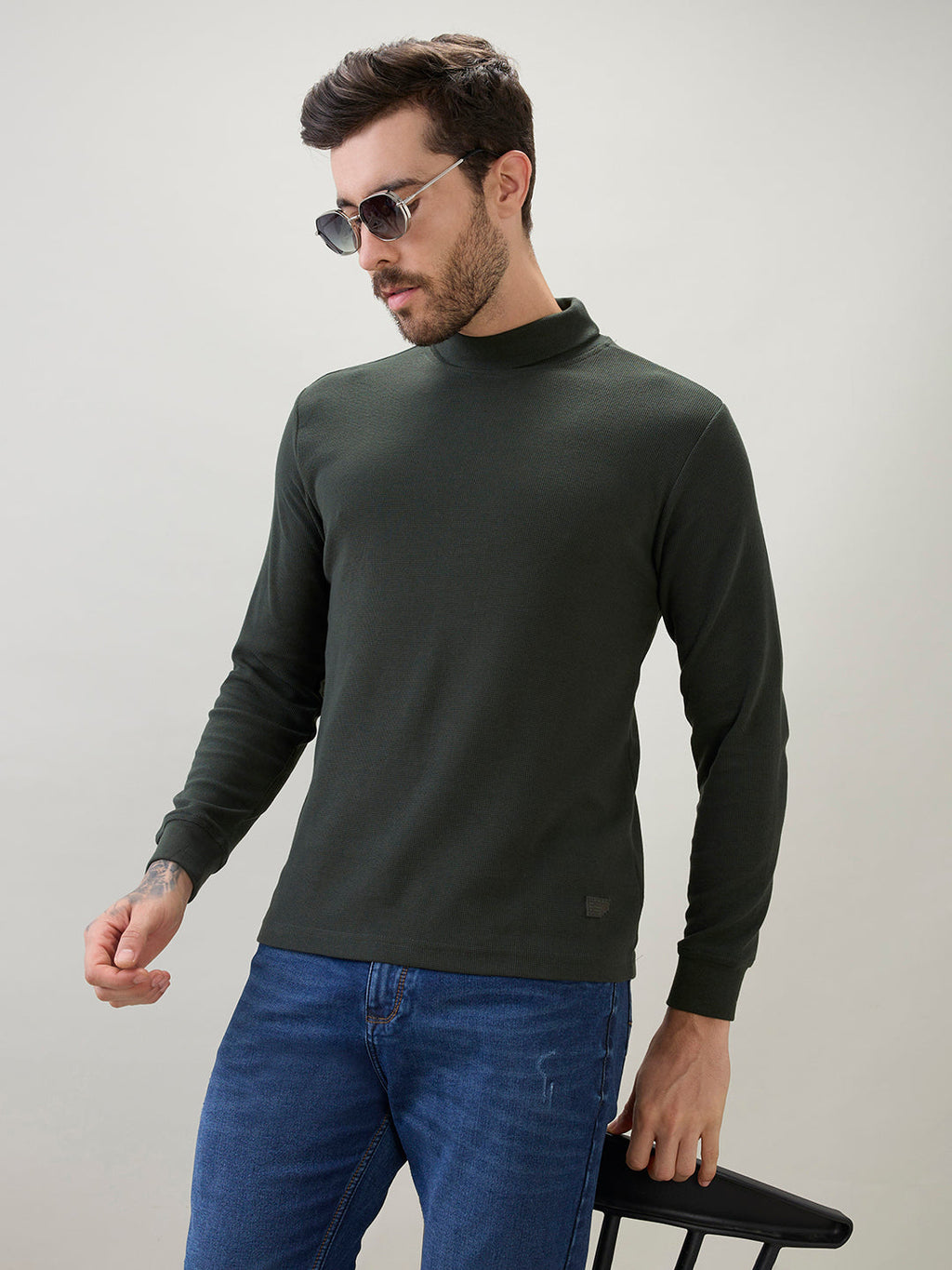 Men's Solid High Neck Full Sleeve Regular Fit T-Shirt