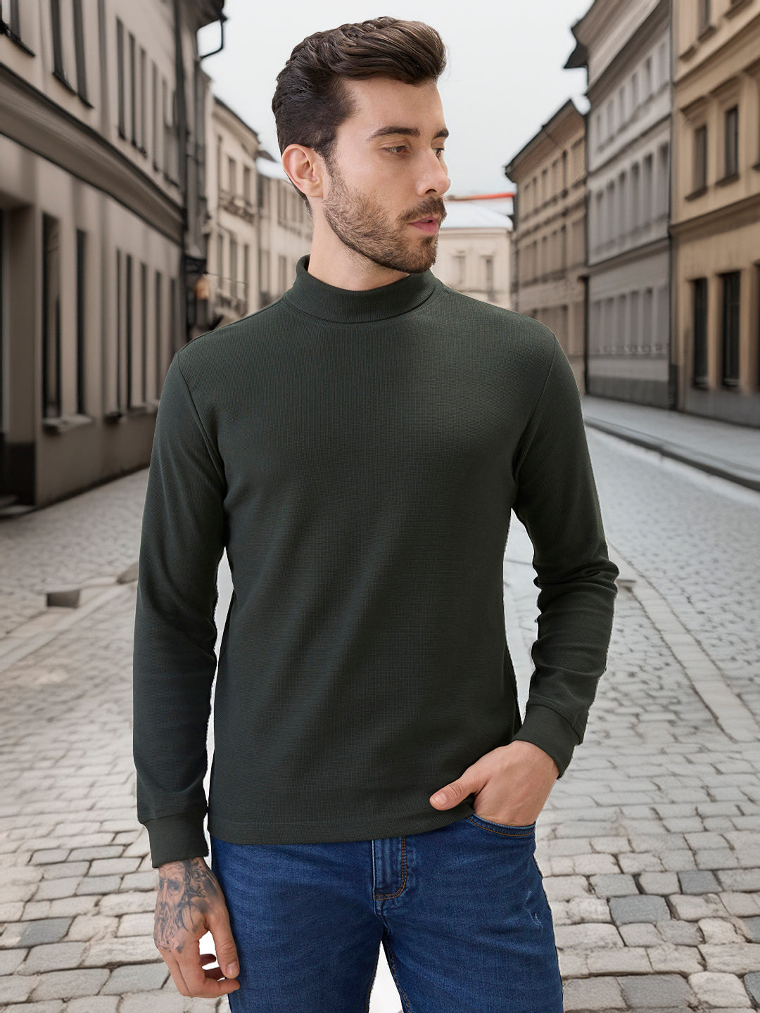 Men's Solid High Neck Full Sleeve Regular Fit T-Shirt