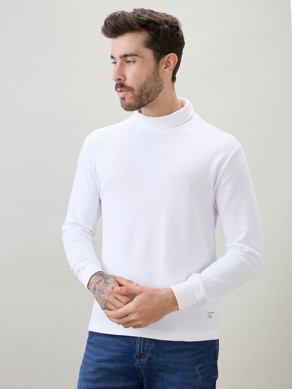 Men's Solid High Neck Full Sleeve Regular Fit T-Shirt