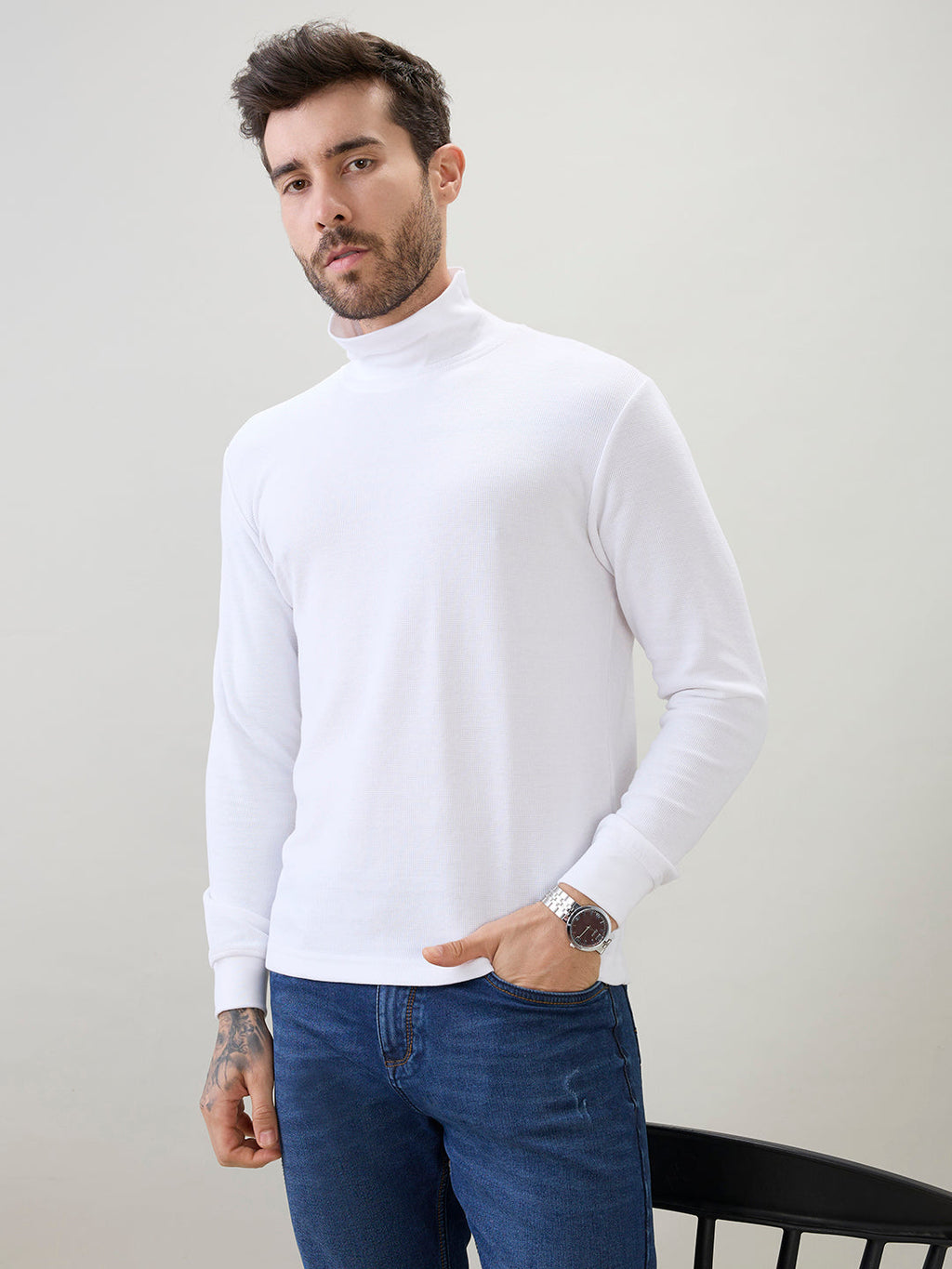 Men's Solid High Neck Full Sleeve Regular Fit T-Shirt