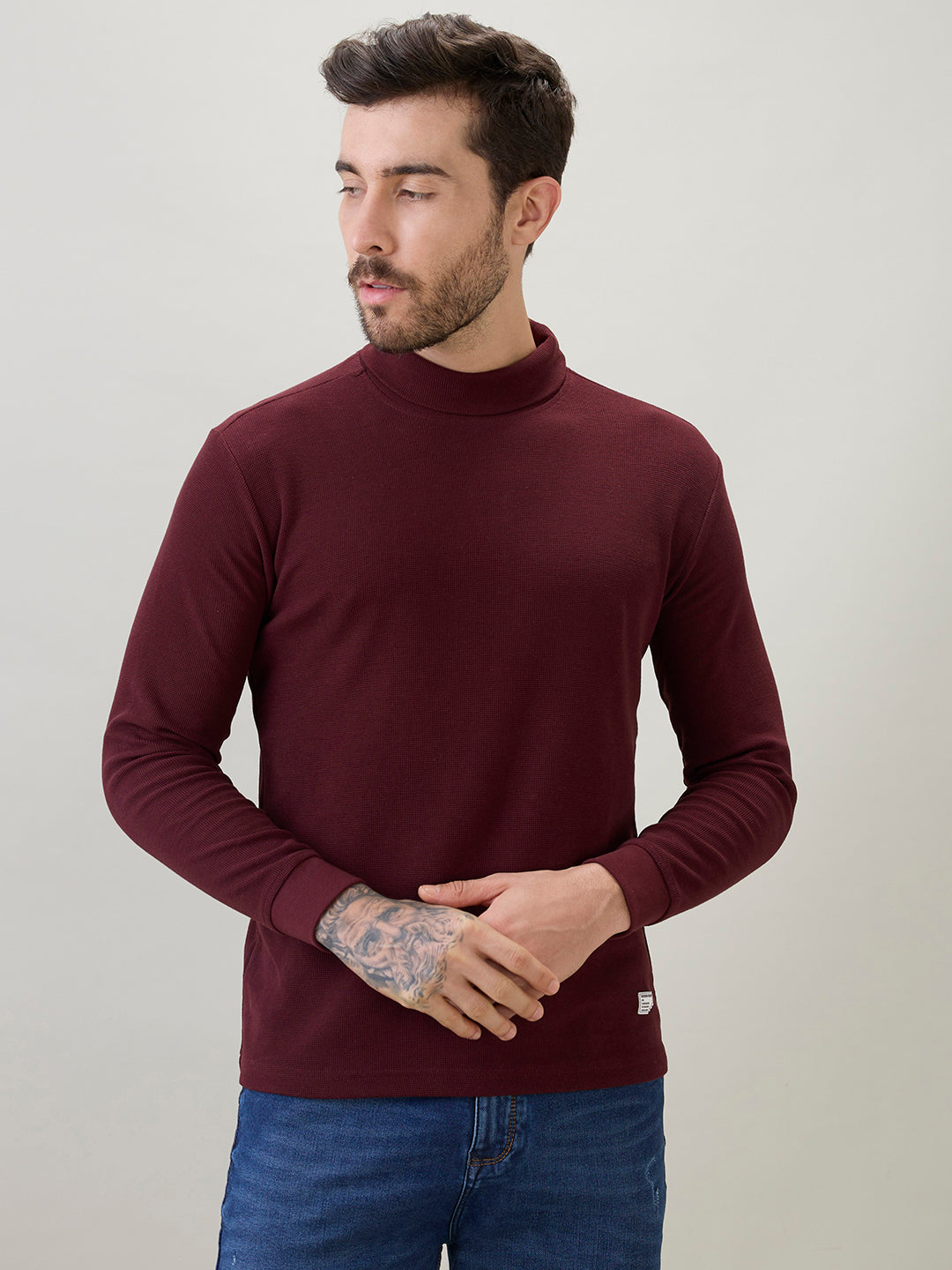 Men's Solid High Neck Full Sleeve Regular Fit T-Shirt