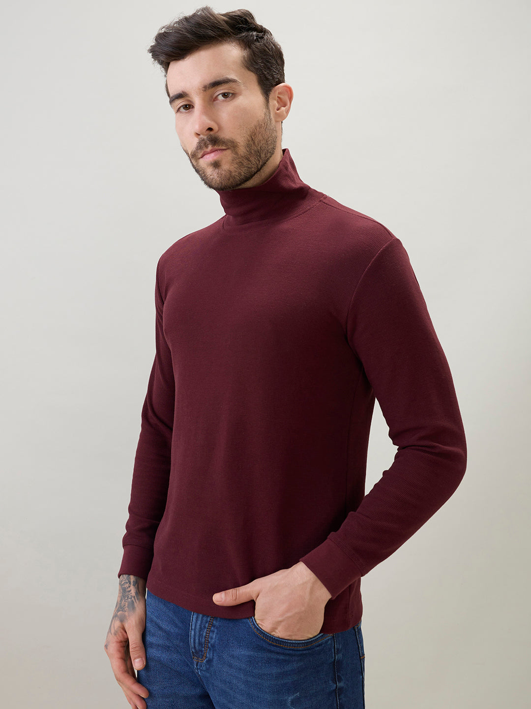 Men's Solid High Neck Full Sleeve Regular Fit T-Shirt Secondary image
