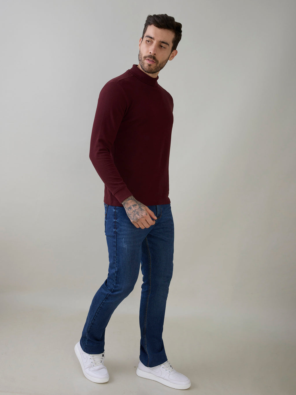 Men's Solid High Neck Full Sleeve Regular Fit T-Shirt