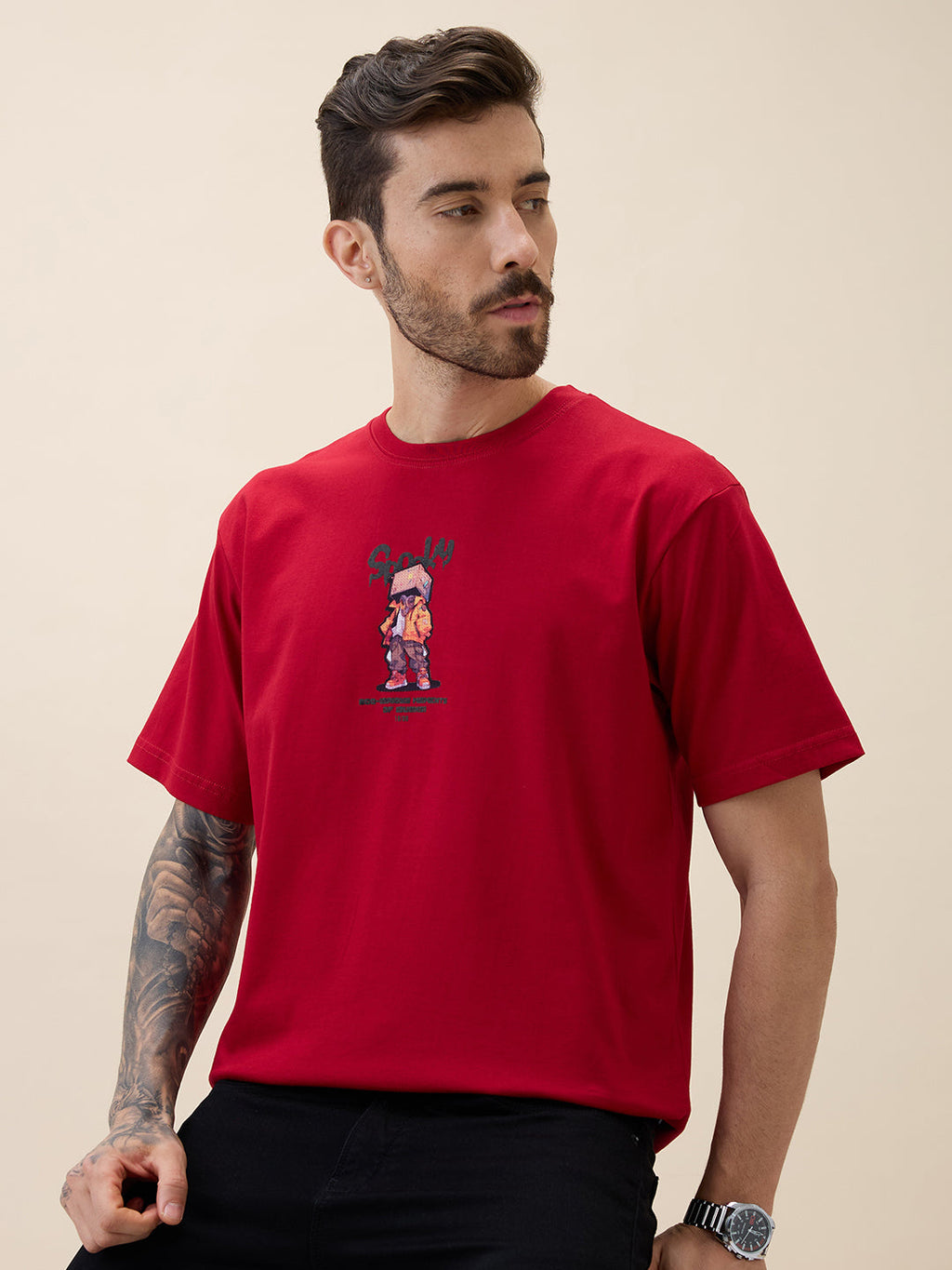 Mens Printed Round Neck Half Sleeves Oversized Tshirt