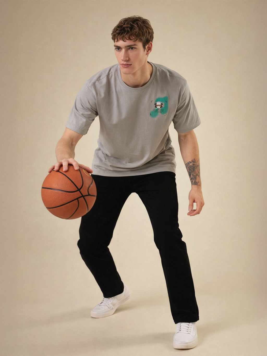 Mens Placement Graphic Printed Half Sleeves Oversized T-shirt