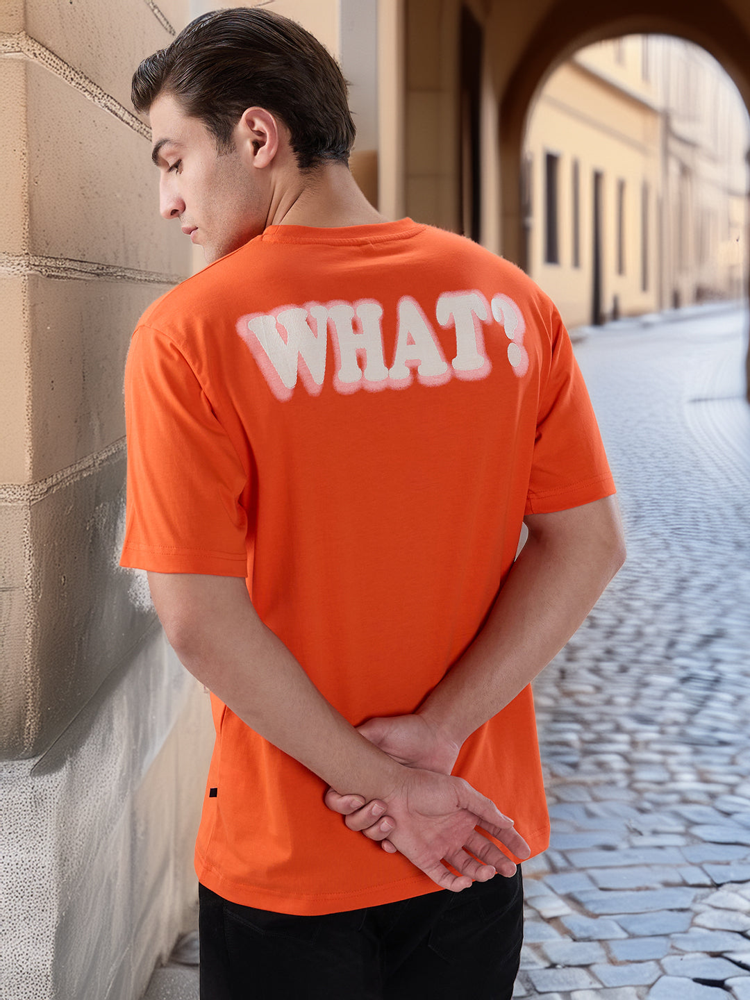 Mens Back Typogardphy Print Round Neck Half Sleeves Oversized T-shirt