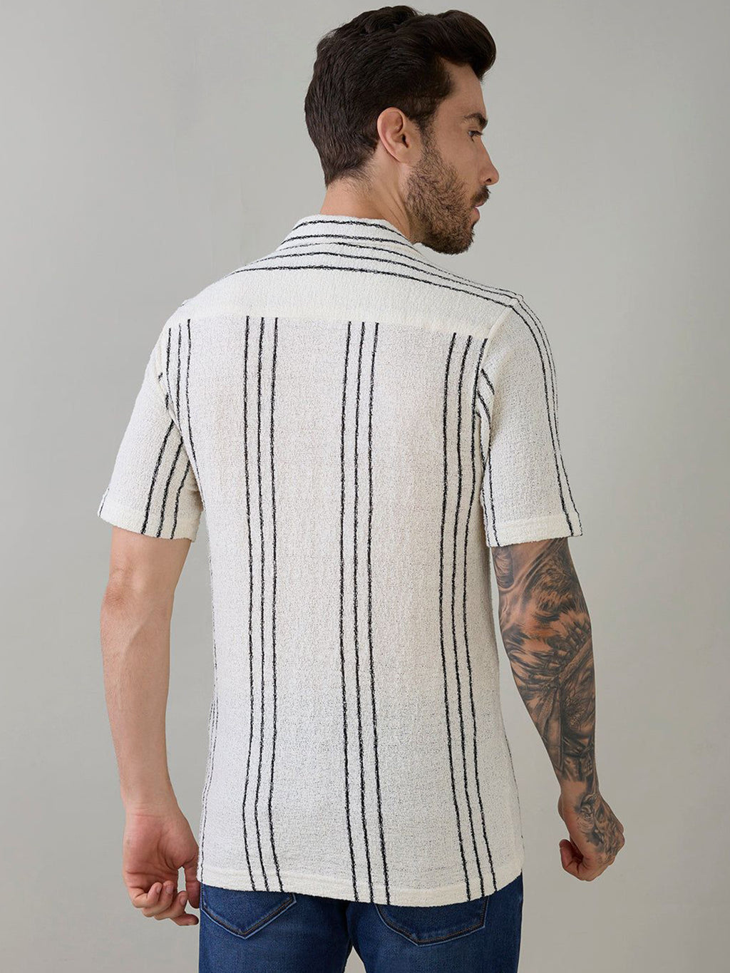 Off White Vertical Striped Cuban Collar Shirt