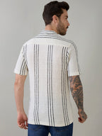 Off White Vertical Striped Cuban Collar Shirt