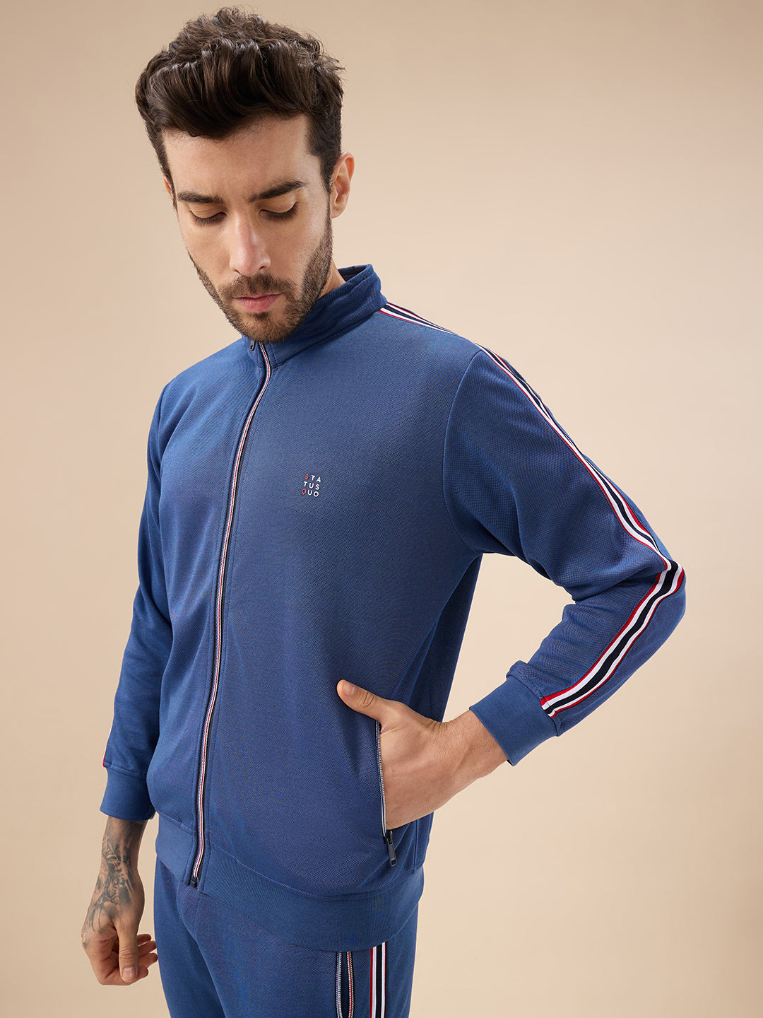 Status Quo Men's Regular Fit Solid Tracksuit with Side Stripes and Full Sleeves
