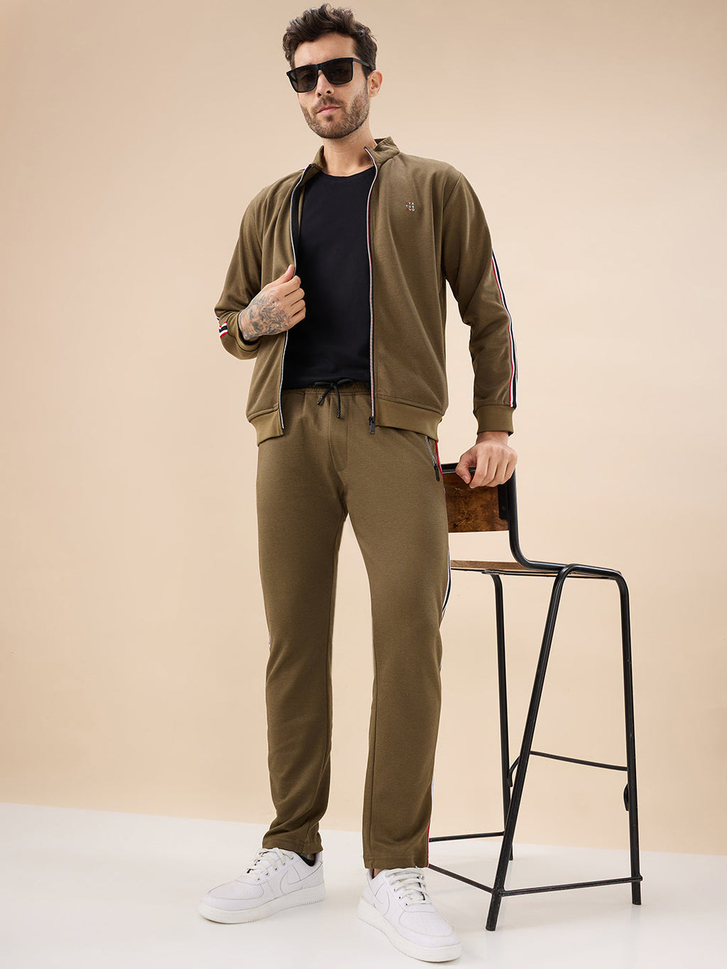 Status Quo Men's Regular Fit Solid Tracksuit with Side Stripes and Full Sleeves